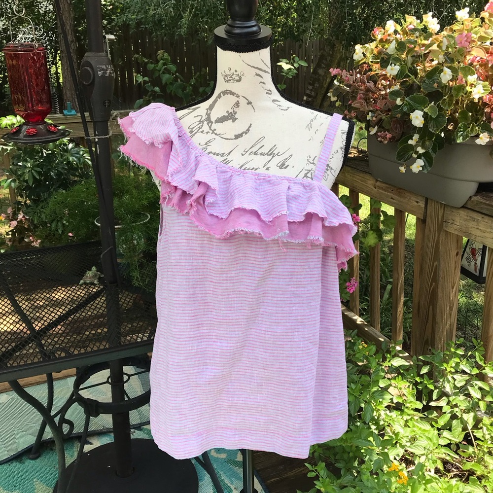 Holding Horses Anthropologie Lavender Pink Ruffle Striped Sleeveless Linen Top S